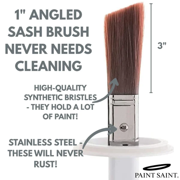 The Paint Saints 1"x3" synthetic sash brush is angled for ease of use.
