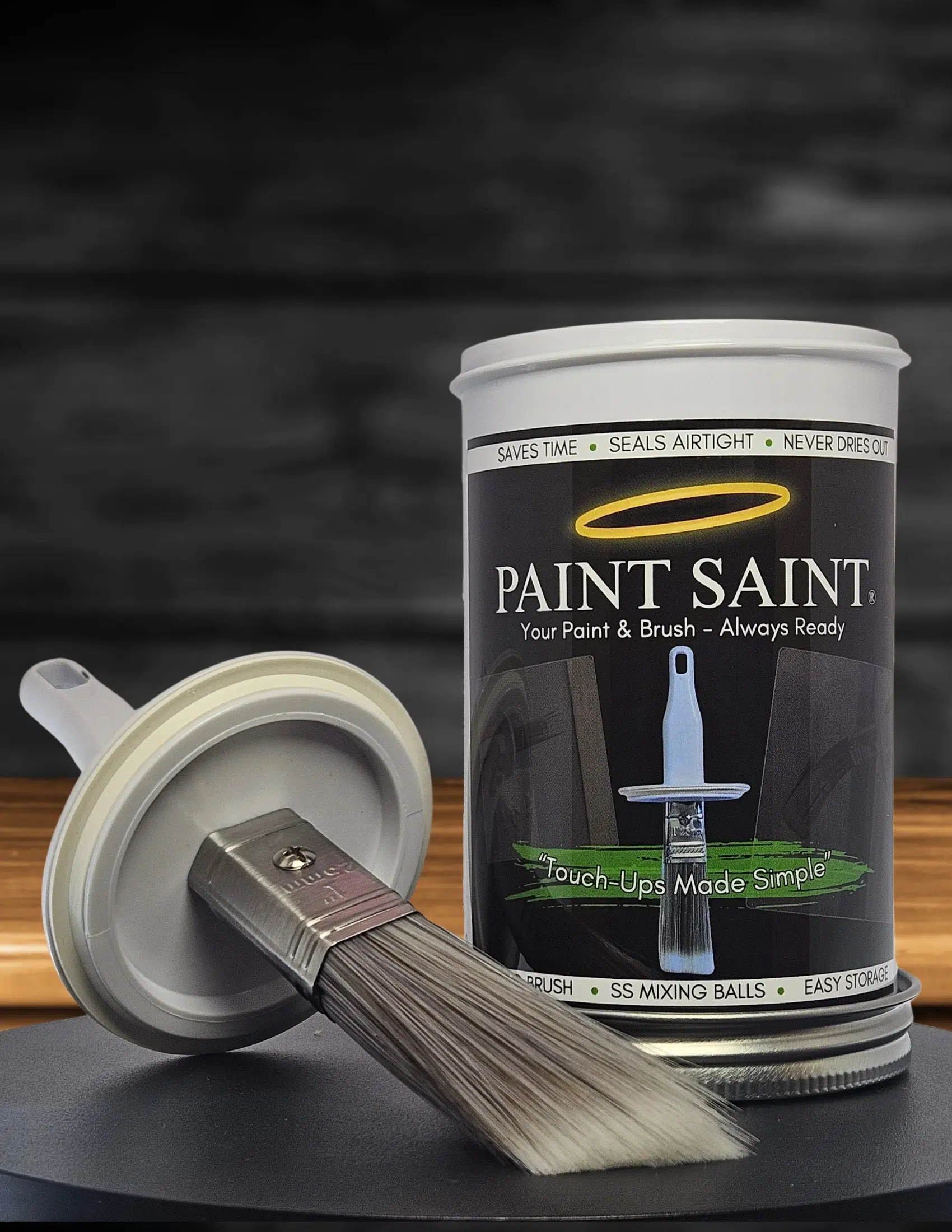 Front Pic of Paint Saint Front pic of the Paint Saint 2-in-1 paint and brush touch up container.